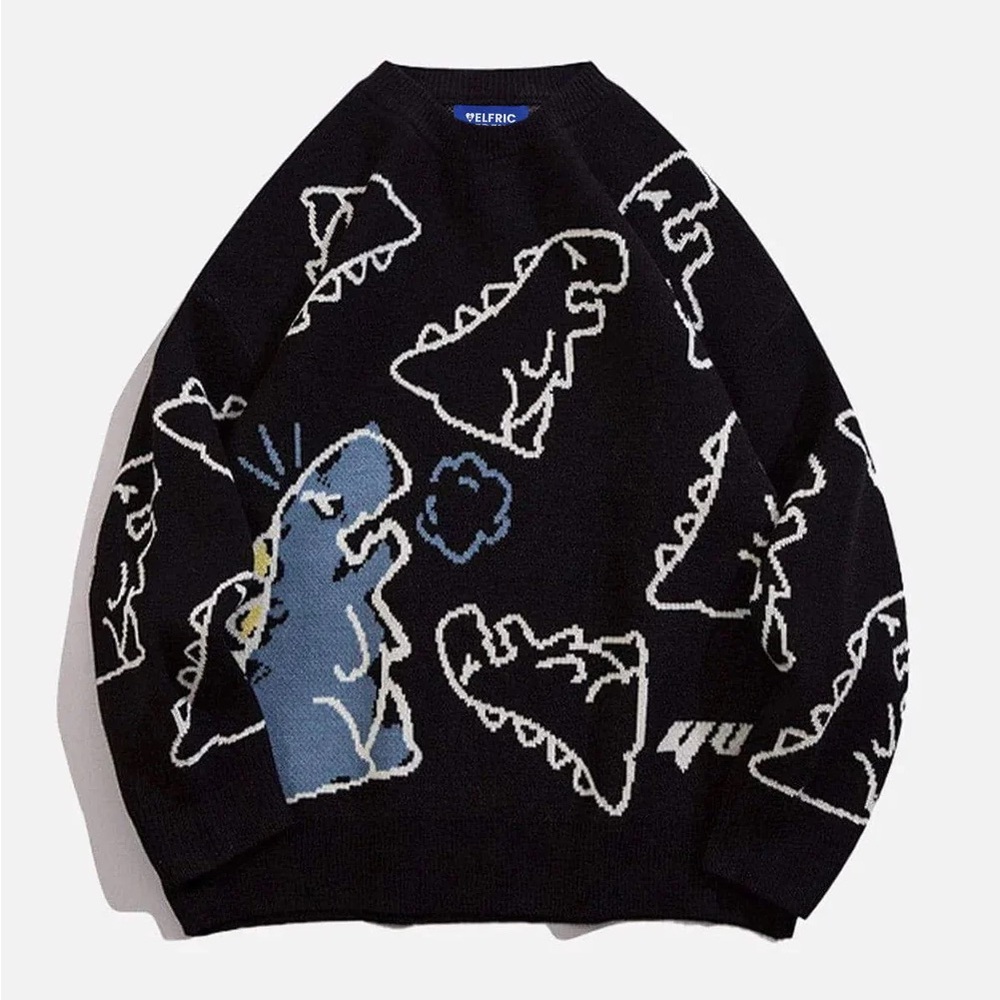Aelfric Eden Black Crewneck Sweater with Blue & White Dino Knit